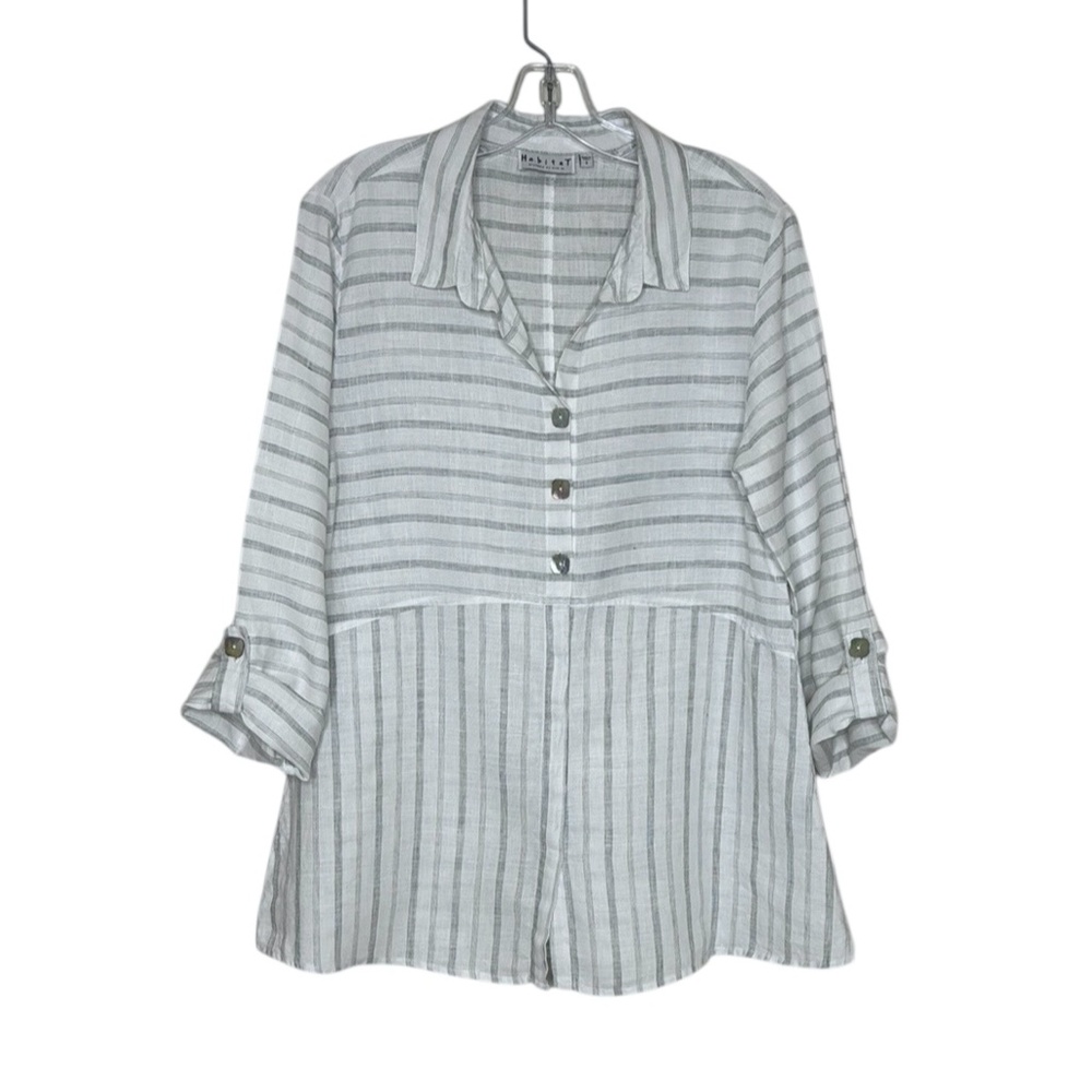Habitat White/Gray Striped Linen Tab Sleeve Button Up Shirt S